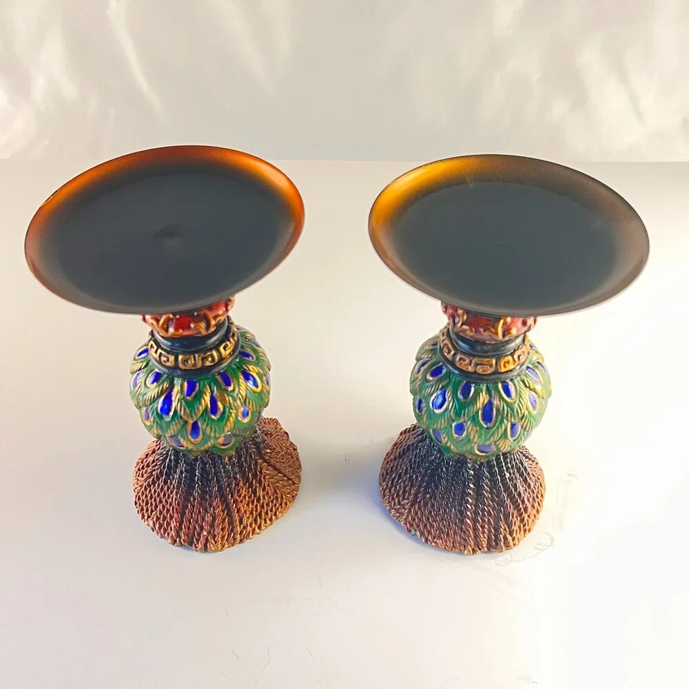 Pair of Vintage Peacock Feather Candle Holders Painted Resin Pillar Stand Decor